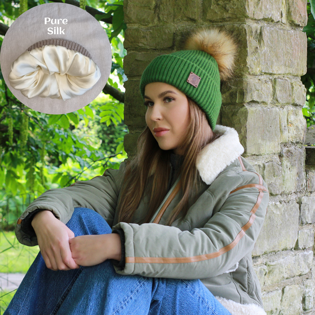 100% Pure Silk-Lined Cashmere Hat – Triple Layer Women’s Winter Beanie, Reduces Frizz, Faux Fur Pom Pom, Luxury Gift for Her