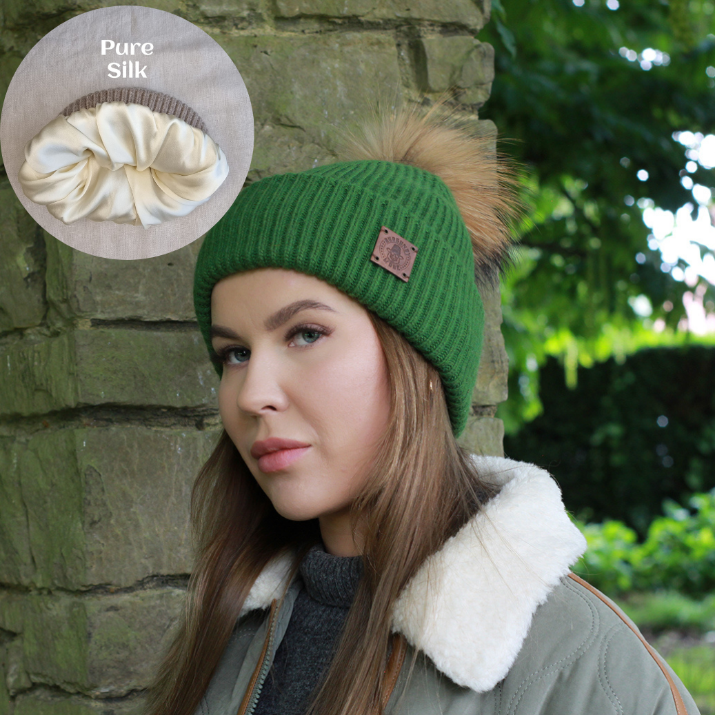 green 100% Mulberry Silk Lined Cashmere Hat