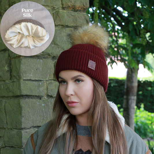 Kaschmir &amp; 100 % REINE SEIDE gefütterte Damenmütze, winddichte Wintermütze, ideal für dickes, lockiges, krauses Haar, Geschenk für Sie