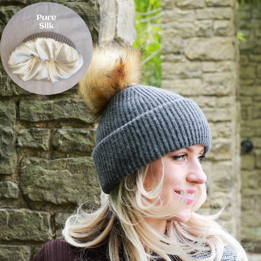 100% Pure Silk-Lined Cashmere Hat – Triple Layer Women’s Winter Beanie, Reduces Frizz, Faux Fur Pom Pom, Luxury Gift for Her