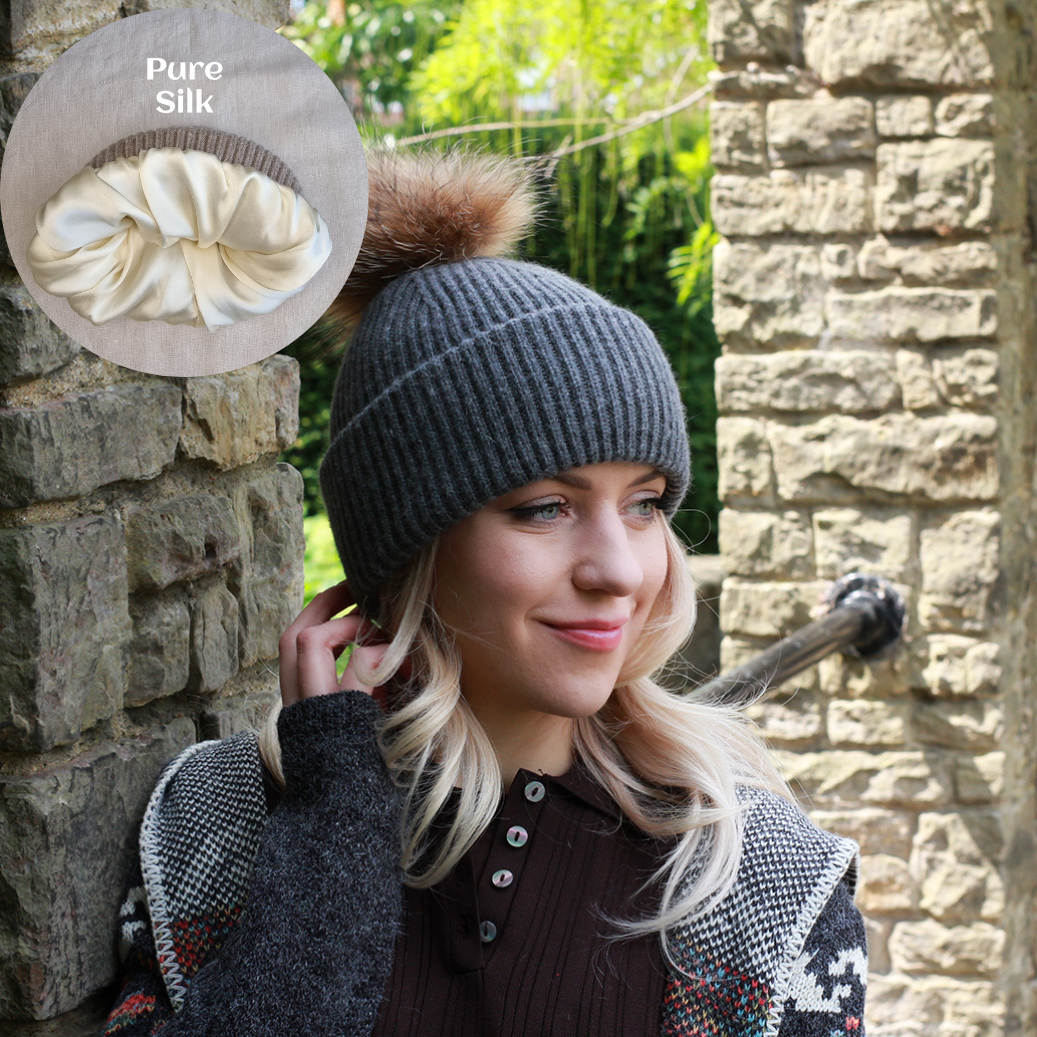 100% Pure Silk-Lined Cashmere Hat – Triple Layer Women’s Winter Beanie, Reduces Frizz, Real Fox Fur Pom Pom, Luxury Gift for Her