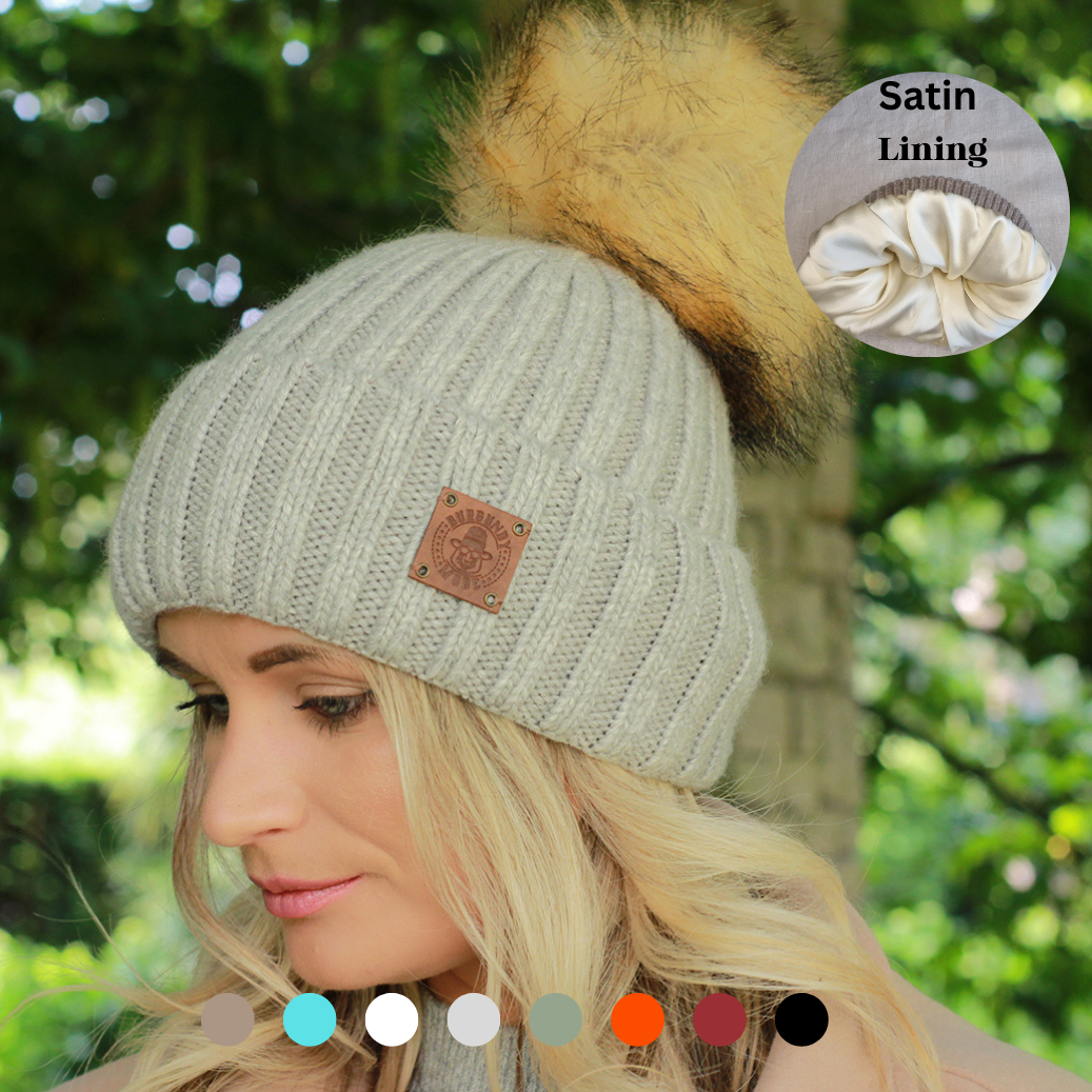 Smaller Size Beanie silk-feel lining with Faux Fur Pom Pom, Soft & Warm Winter Hat, Gift for Her