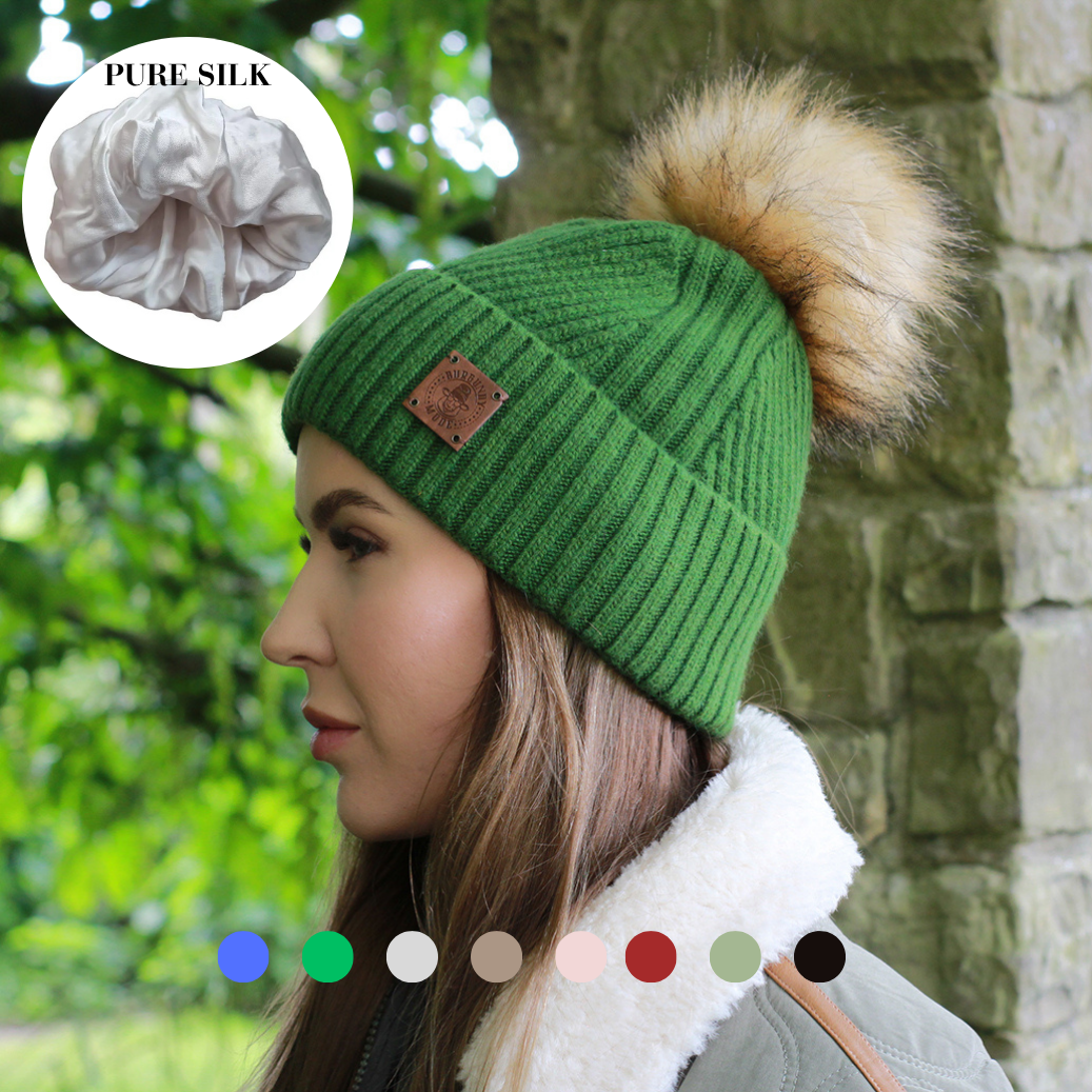 100% Mulberry Silk Lined Cashmere Hat – Faux Fur Pom Pom