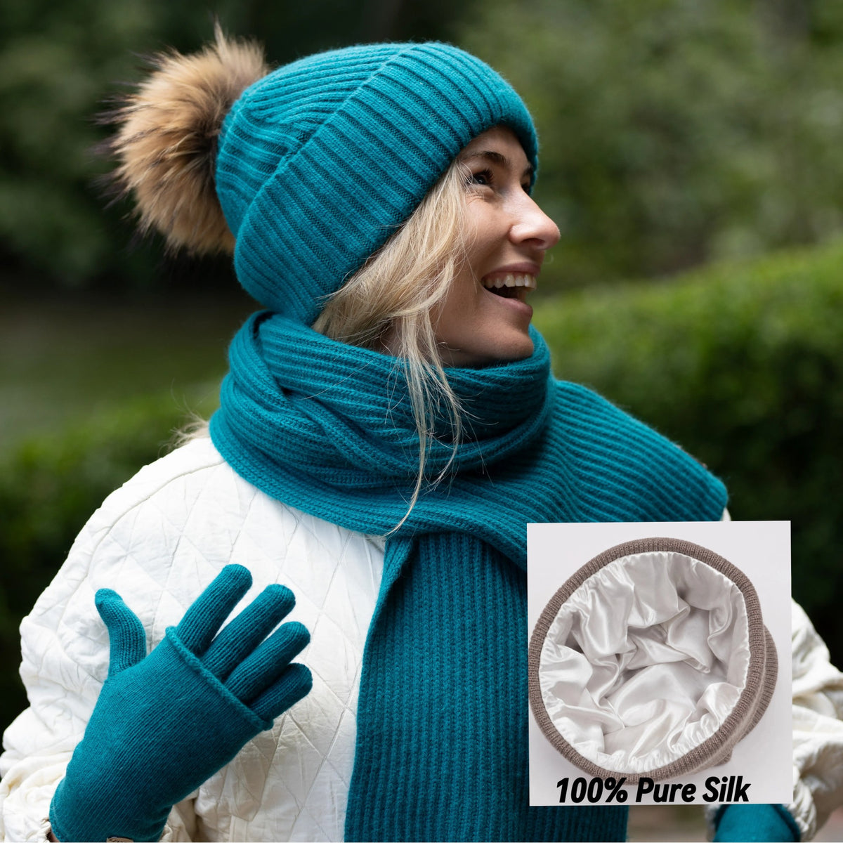 100% Mulberry Silk Lined Cashmere Hat – Fox Fur Pom Pom