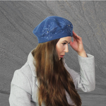 blue Cashmere beret, Women winter hat, French cashmere beret, Crystal embroidered beret, Gift for her