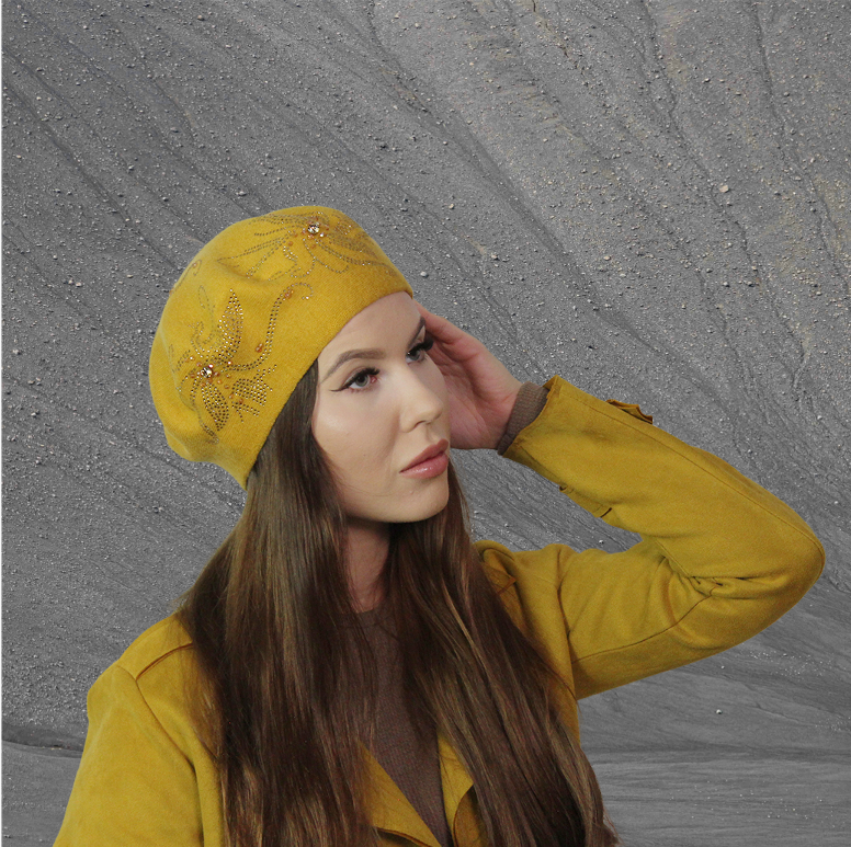 yellow Cashmere beret, Women winter hat, French cashmere beret, Crystal embroidered beret, Gift for her