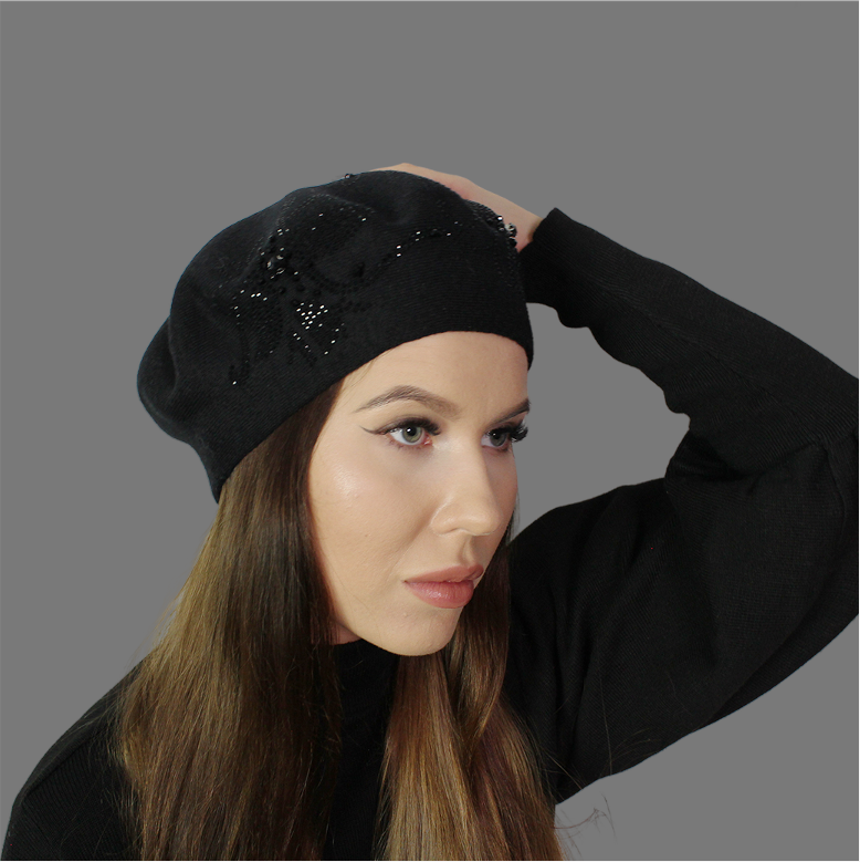 black Cashmere beret, Women winter hat, French cashmere beret, Crystal embroidered beret, Gift for her