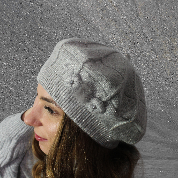 light grey Cashmere beret, Women winter hat, French cashmere beret, Sparkly beret, Gift for her