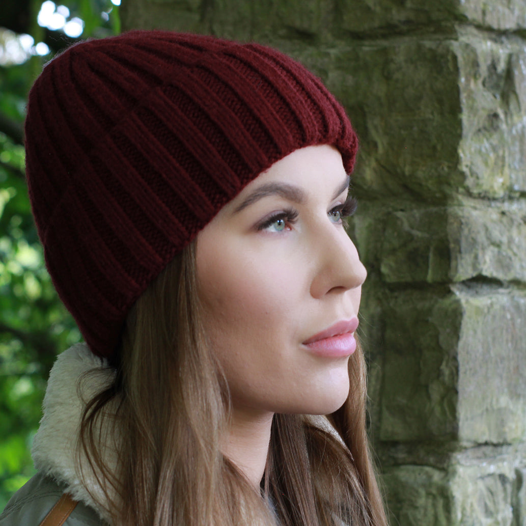 burgundy Smaller Size Cashmere Silk Lined Women's Hat, Winter Windproof beanie, Great for thick, Curly, Frizz-free Hair, Gift For Her