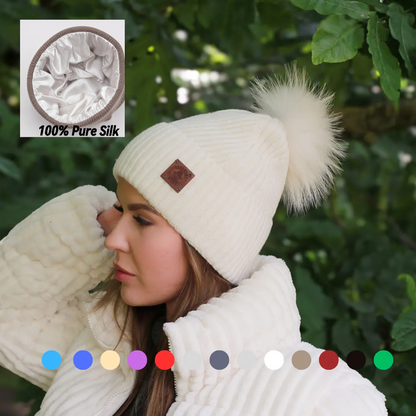 100% Mulberry Silk Lined Cashmere Hat – Fox Fur Pom Pom