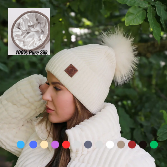 100% Mulberry Silk Lined Cashmere Hat – Fox Fur Pom Pom