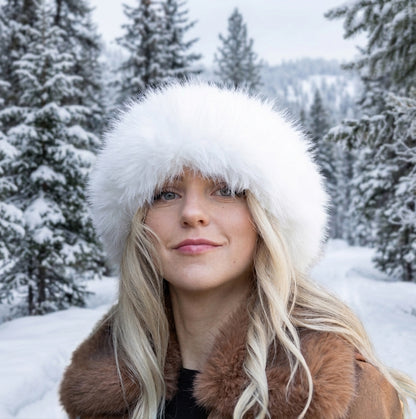 white Women’s Cashmere Hat with Faux Fur Trim
