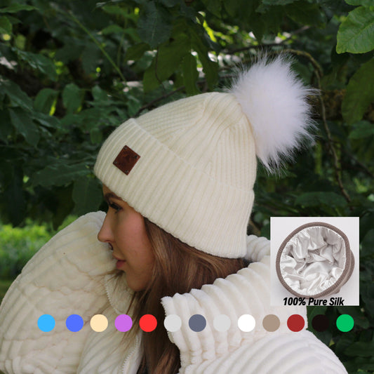 100% Mulberry Silk Lined Cashmere Hat – Faux Fur Pom Pom