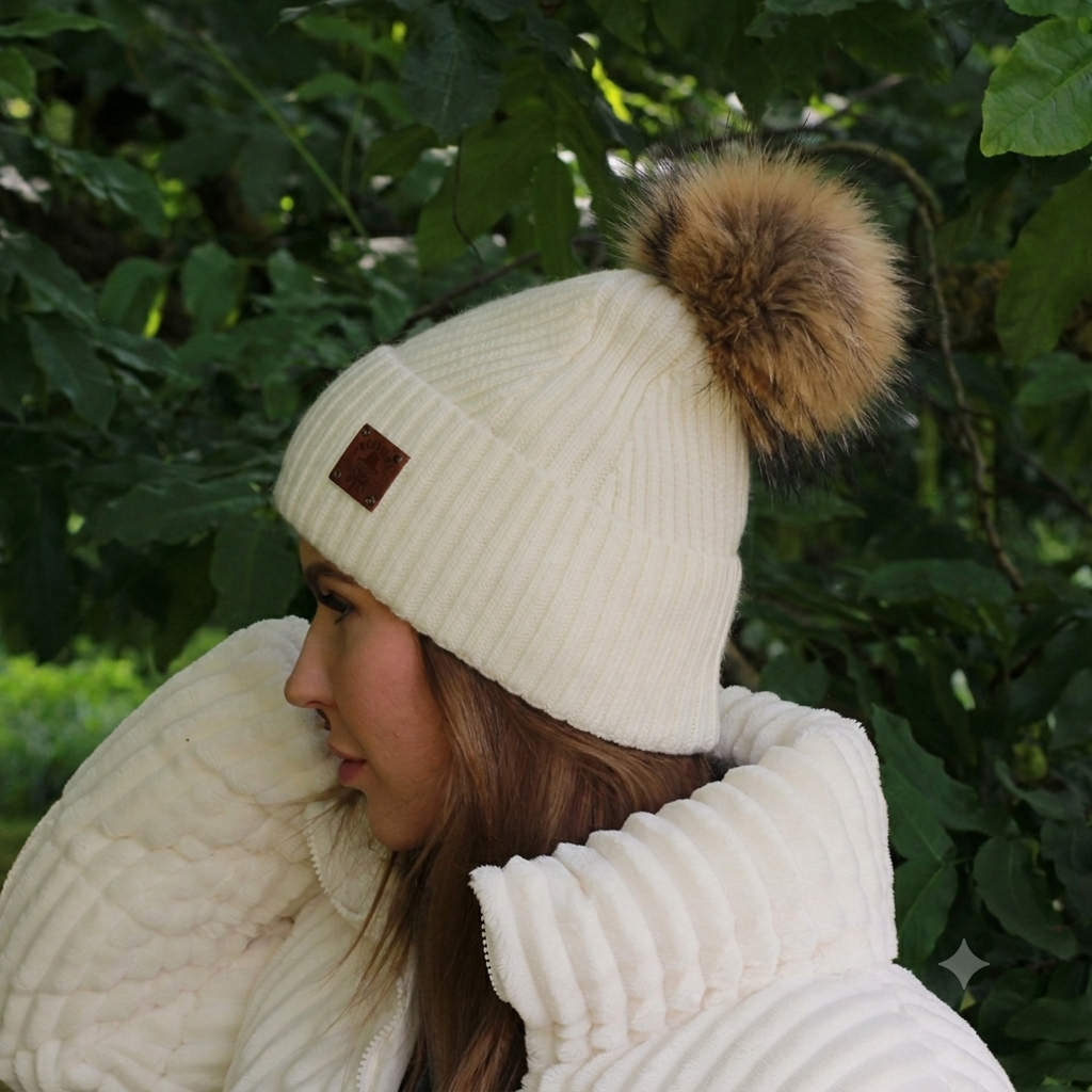 Kaschmir & 100 % REINE SEIDE Gefütterte Mütze – Wintermütze mit Kunstfellbommel, Frizz-frei, für lockiges Haar, luxuriöses Geschenk für sie
