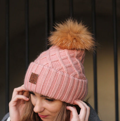 pink Women’s Cashmere Beanie with Fox Fur Pom Pom