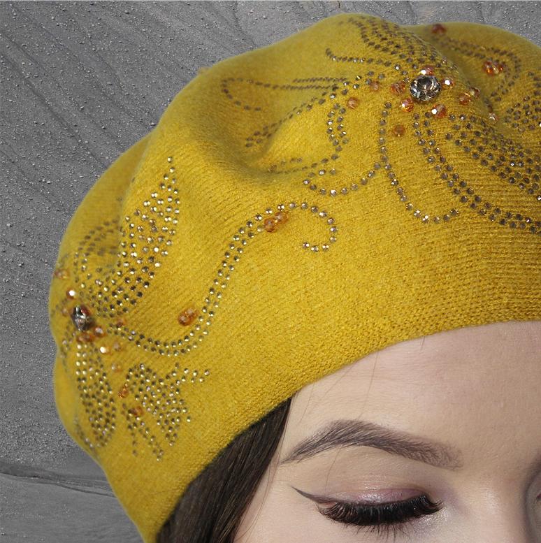 yellow Women’s Cashmere Beret with Crystal Detail