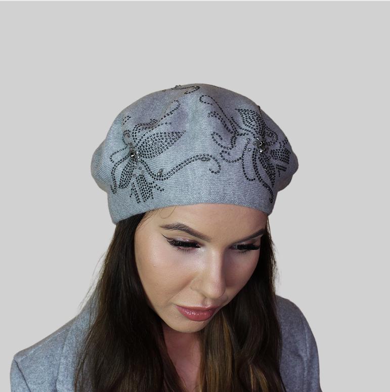 grey Women’s Cashmere Beret with Crystal Detail