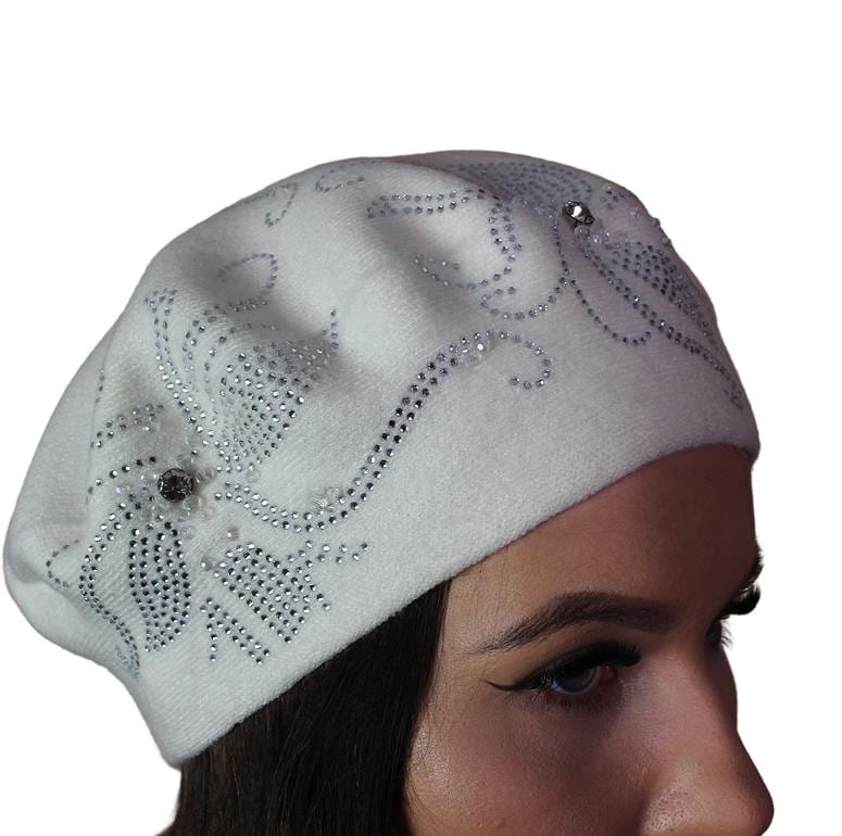 white Women’s Cashmere Beret with Crystal Detail