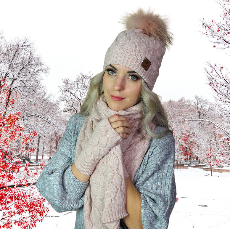 pink Cashmere set for women: Fox fur pom pom hat, gloves, scarf, Knit set, Cozy and soft women winter cashmere set. Gift for her.