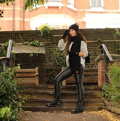 black Women’s Cashmere Set with Fox Fur Pom Pom