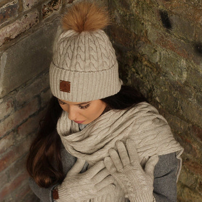 beige Women’s Cashmere Set with Fox Fur Pom Pom