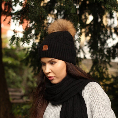 black Women’s Cashmere Set with Fox Fur Pom Pom