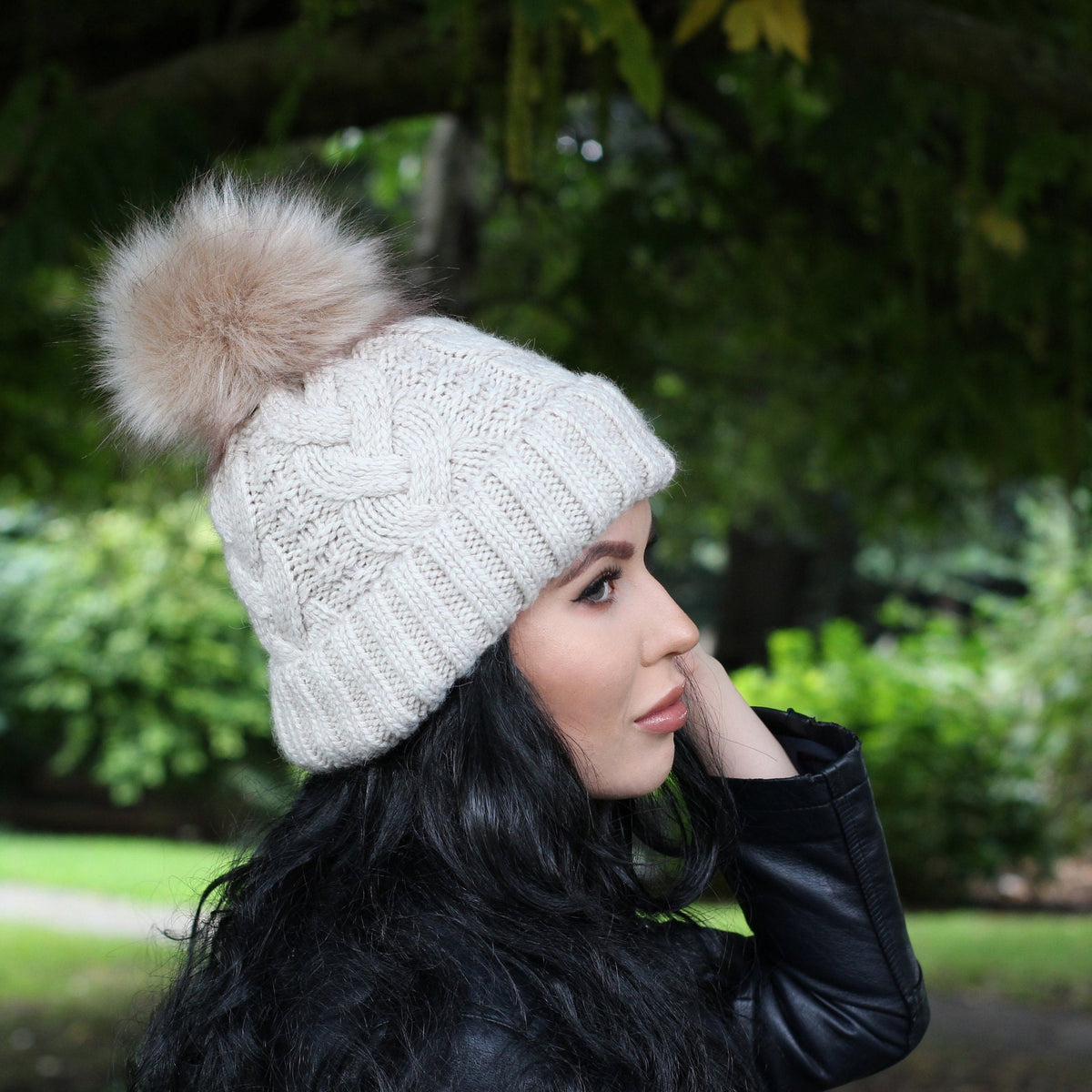 Beige  Cozy Winter Wool Hat for Women with Fleece Lining & Pom Pom, Windproof warm women's beanie, Gift for her