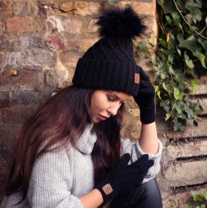 black Women’s Thick Cashmere Hat with Pom Pom