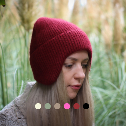 burgundy Women’s Woollen Winter Earflap Hat – Warm Cashmere Blend Beanie, Cozy Cold Weather Hat, Stylish Gift for Her, Unisex Design