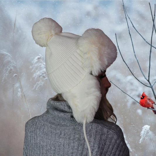 white Women's earflap fleece inner pom pom hat