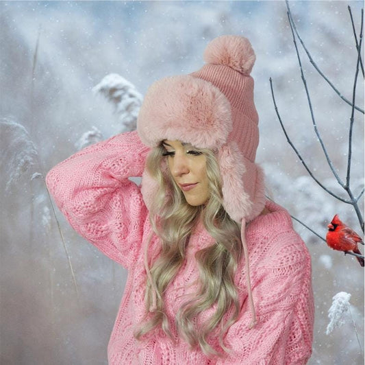 pink Women's earflap fleece inner pom pom hat