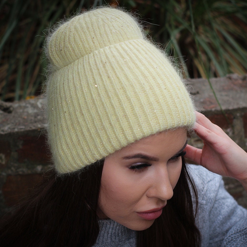 yellow Women's winter angora wool hat