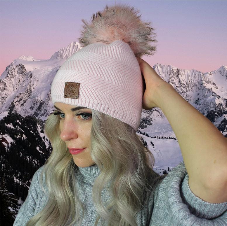 pink Women's winter cashmere faux pom pom hat