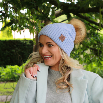 sky aqua blue Silk-Lined Cashmere Beanie for Women – Frizz-Free Winter Hat with Faux Fur Pom Pom, Cozy Gift for Her, Soft Warm Luxury Beanie 