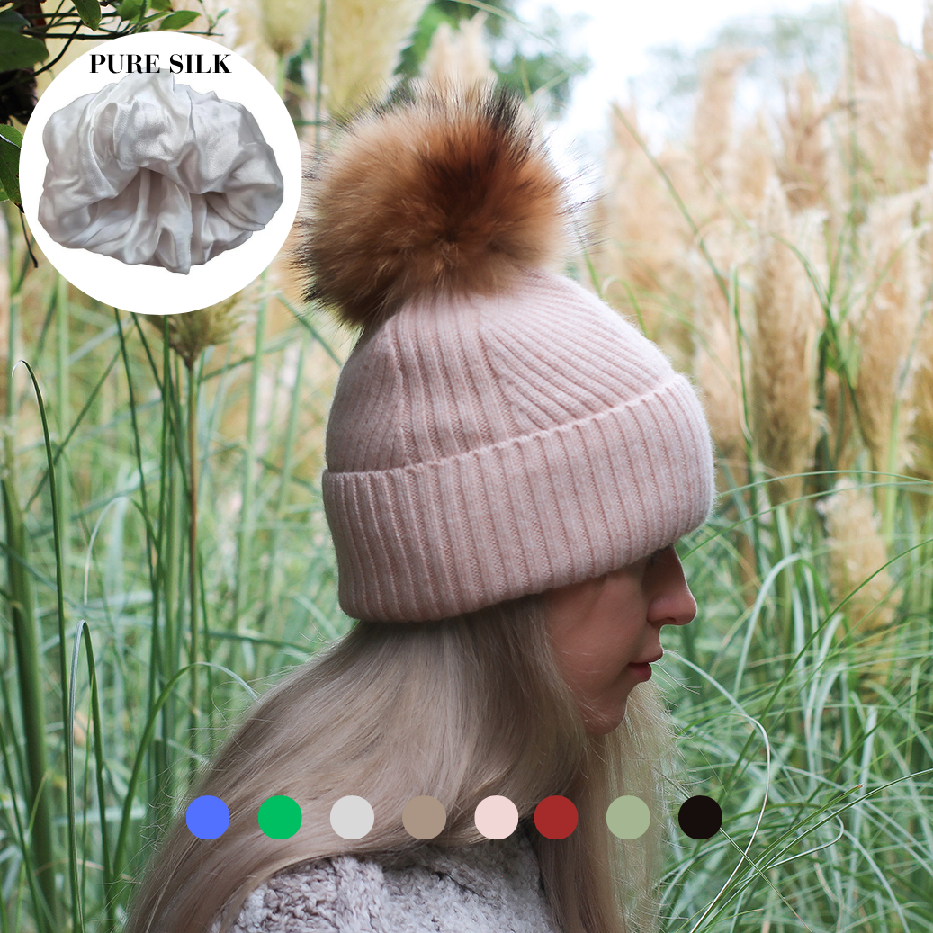 rose beige Women’s cashmere hat with pure silk lining – windproof winter beanie for curly, frizz-free hair, perfect gift for her