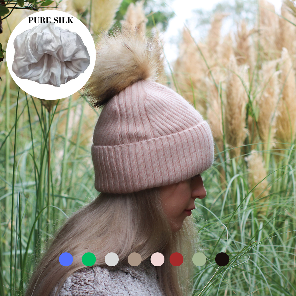 100% Mulberry Silk Lined Cashmere Hat – Faux Fur Pom Pom