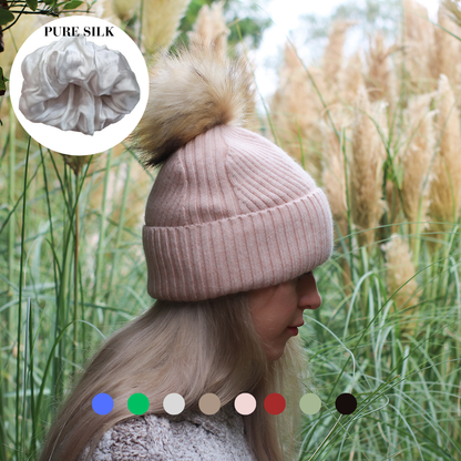 100% Mulberry Silk Lined Cashmere Hat – Faux Fur Pom Pom