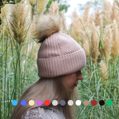 rose beige Satin-Lined Women’s Cashmere Beanie with Faux Fur Pom Pom