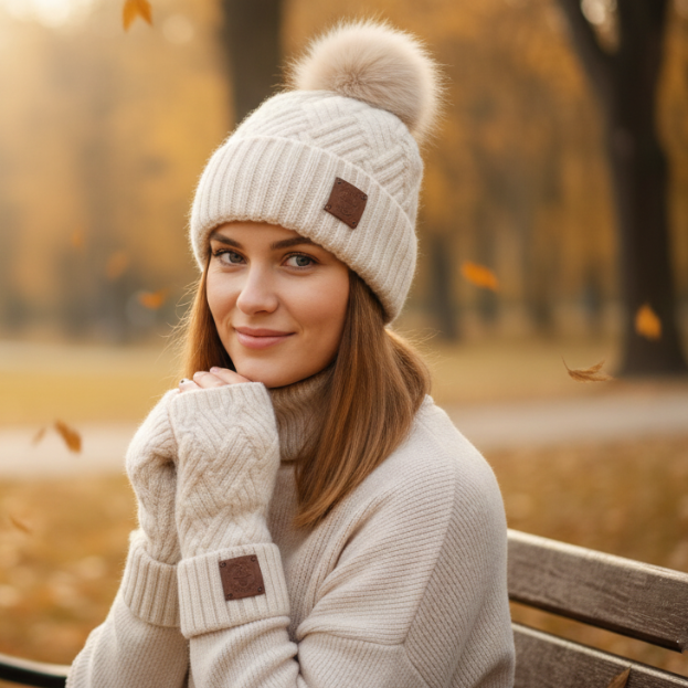 beige Cashmere hat and fingerless gloves set, Faux fur pom pom cashmere beanie hat, Warm and soft winter cashmere set for womens.   Gift for her