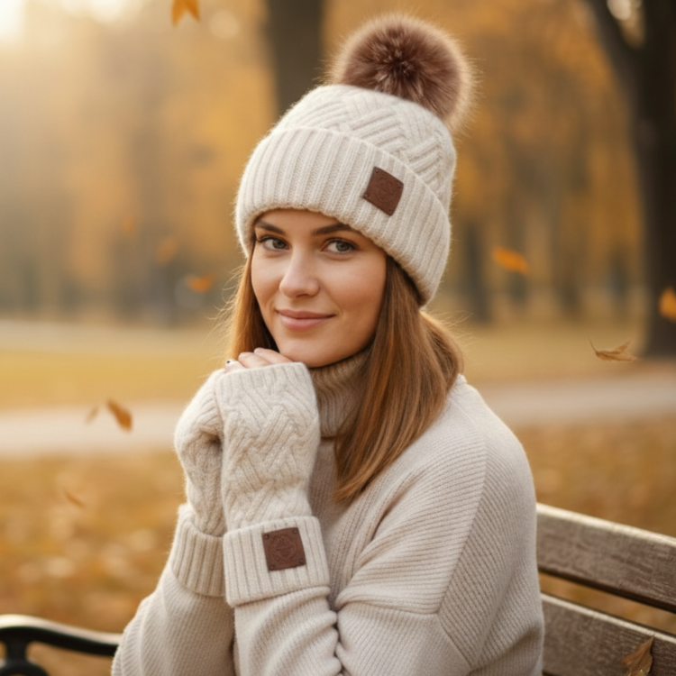 beige Cashmere hat and fingerless gloves set, Fox fur pom pom cashmere beanie hat, Warm and soft winter cashmere set for womens, Gift for her