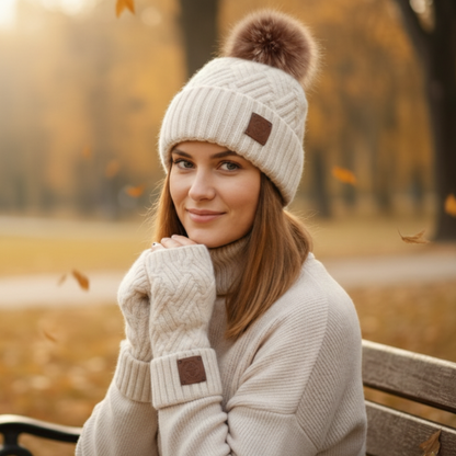 beige Cashmere hat and fingerless gloves set, Fox fur pom pom cashmere beanie hat, Warm and soft winter cashmere set for womens, Gift for her