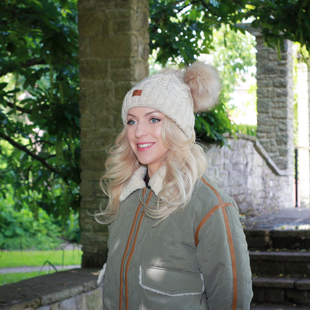 beigeWomen’s Double Pom Pom Winter Hat – Fleece-Lined Wool Beanie, Windproof & Warm, Cute Cold Weather Gift for Girls or Her 