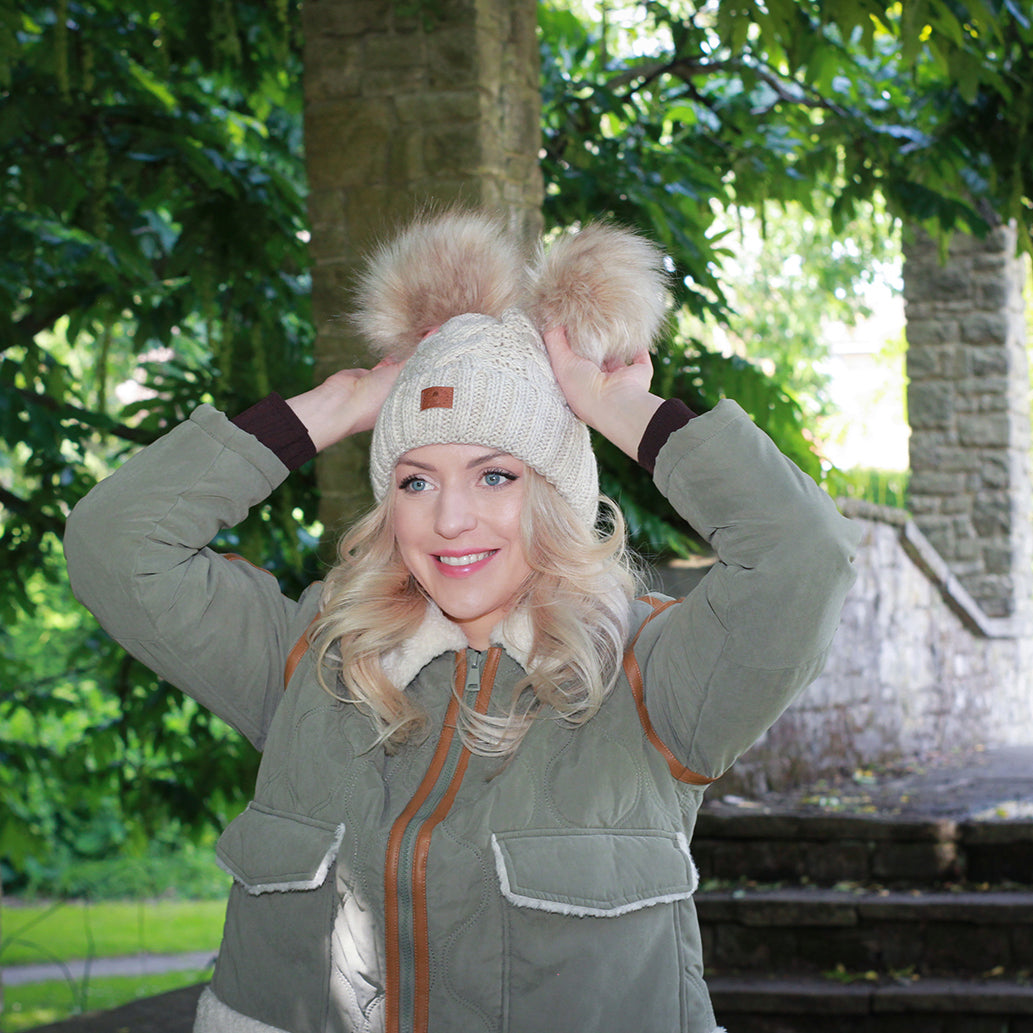 Bonnet d'hiver en laine pour femme, bonnet doublé en polaire, bonnet à pompon double