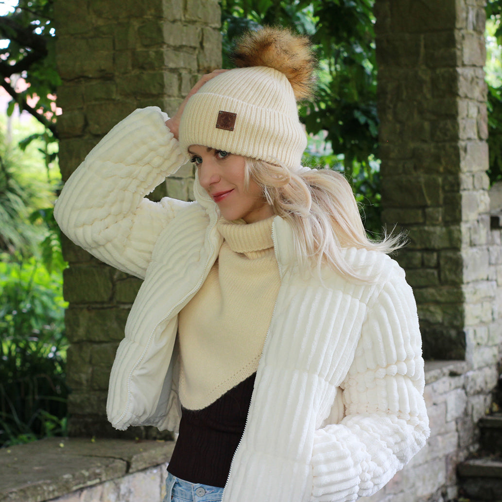 beige SET: Women’s Winter Cashmere Hat and Neck Warmer – Soft Warm Pom Pom Beanie & Snood Gift for Her, Cozy 2-Piece Cold Weather Accessory