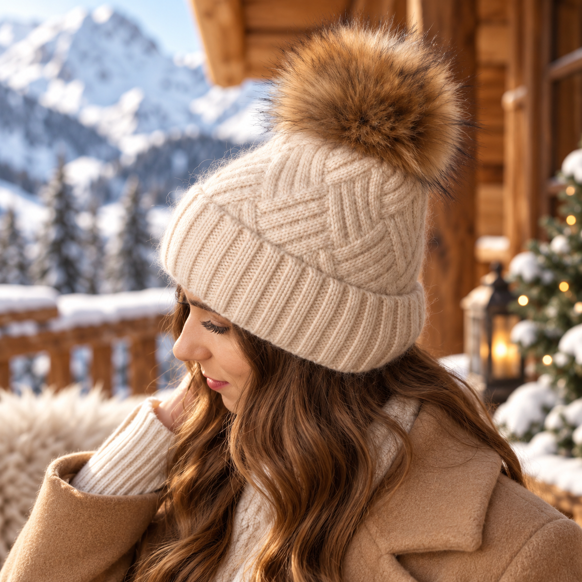 beige Women’s Cashmere Beanie with Faux Fur Pom Pom