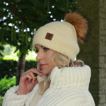 beige SET: Women’s Winter Cashmere Hat and Neck Warmer – Soft Warm Fox Fur Pom Pom Beanie & Snood Gift for Her, Cozy Cold Weather Accessory Set
