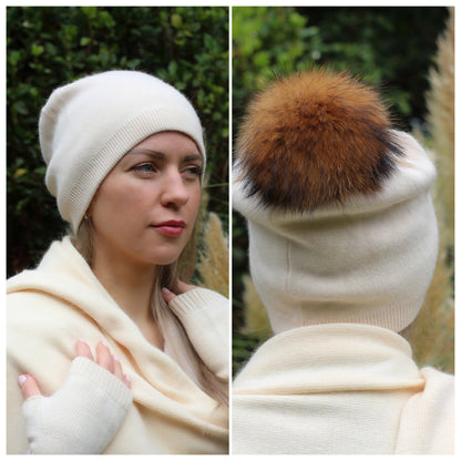 beige Cashmere Winter Hat for Women – Soft Double Layer Beanie, Warm and Breathable Knit Fox Fur Pom Pom Hat, Elegant Cold Weather Gift for Her