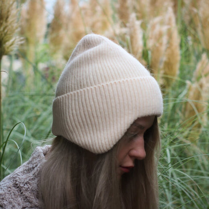 beige Women’s Woollen Winter Earflap Hat – Warm Cashmere Blend Beanie, Cozy Cold Weather Hat, Stylish Gift for Her, Unisex Design