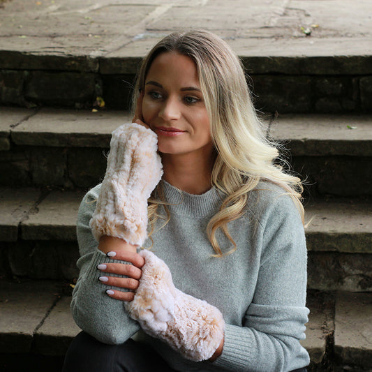beige Natural Rabbit Fur Fingerless Gloves – Soft Knit Winter Hands and Wrists Warmers, Luxury Gift for Her