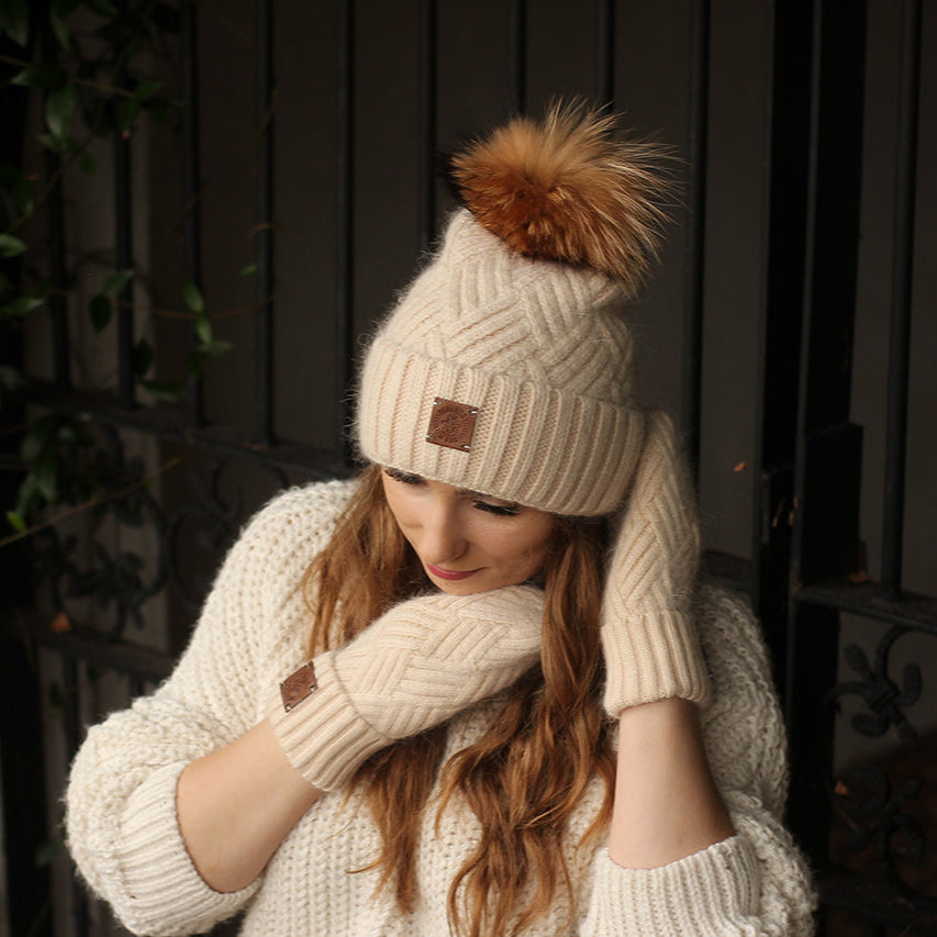 beige Women's cashmere hat and mittens set, Fox fur pom pom cashmere hat,Warm and soft winter cashmere set for women's. Luxurious Gift for her.